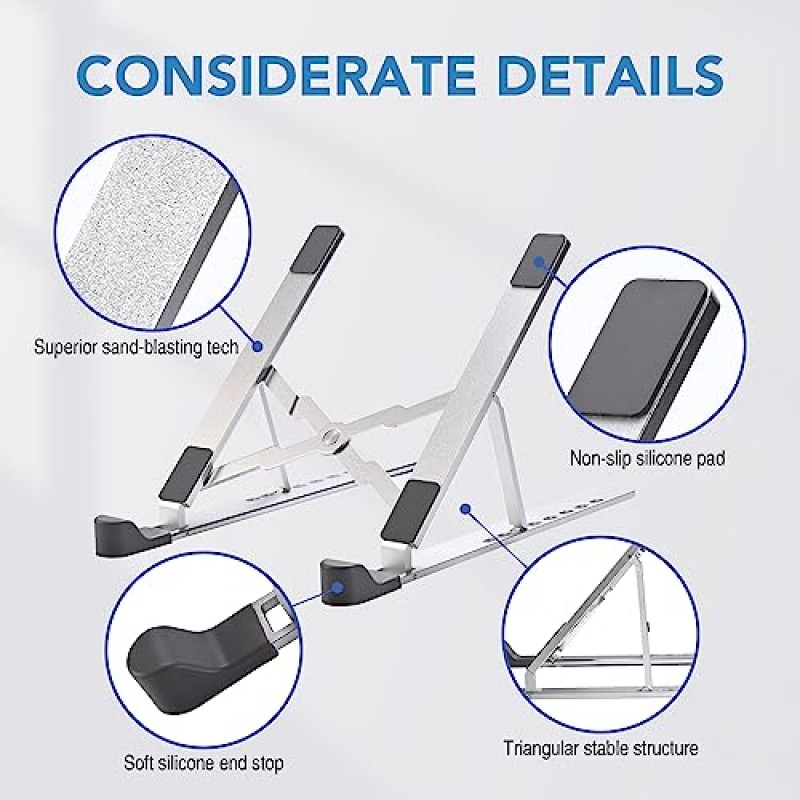 책상용 조절 가능한 노트북 스탠드, 높이 조절 가능한 태블릿 스탠드, 여행용 접이식 휴대용 노트북 스탠드, 노트북용 알루미늄 컴퓨터 스탠드, 사무용 홈 액세서리 필수품(실버)