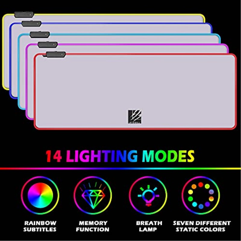 RGB 게임용 마우스 패드, 14가지 조명 모드를 갖춘 대형 LED 마우스 매트, 매끄러운 방수 표면, 미끄럼 방지 고무 베이스, 컴퓨터 키보드 마우스패드(31.5 x 11.8 x 0.2인치, 회색-흰색)