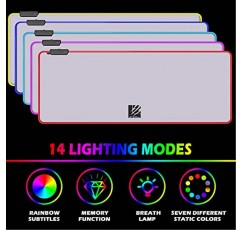 RGB 게임용 마우스 패드, 14가지 조명 모드를 갖춘 대형 LED 마우스 매트, 매끄러운 방수 표면, 미끄럼 방지 고무 베이스, 컴퓨터 키보드 마우스패드(31.5 x 11.8 x 0.2인치, 회색-흰색)