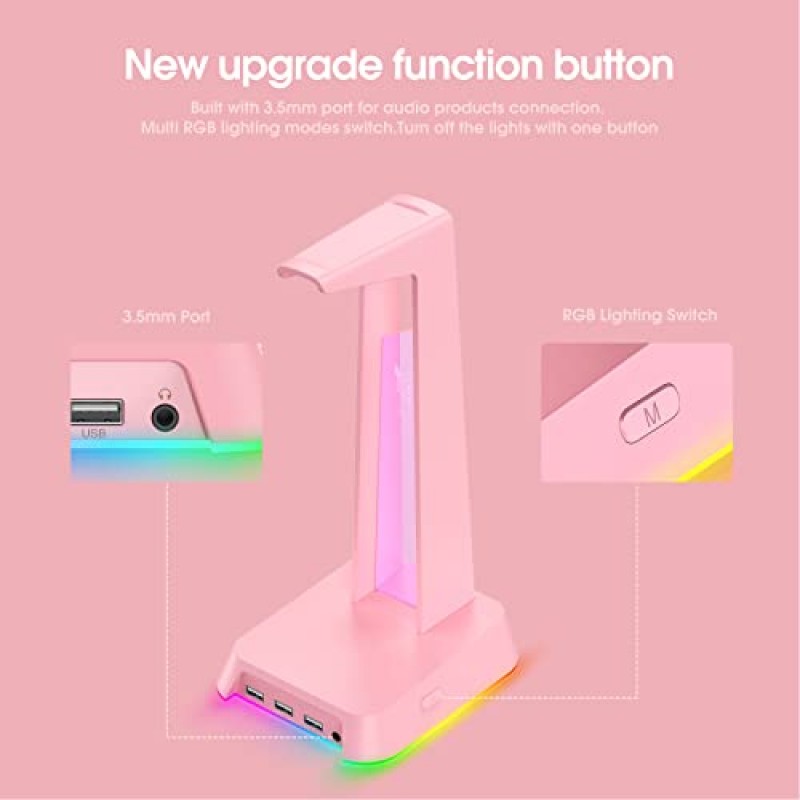 3.5mm AUX 및 3개의 USB 2.0 포트가 있는 SOSISU RGB 헤드폰 스탠드, SOSISU 게임용 헤드셋용 미끄럼 방지 고무 베이스가 있는 게임용 헤드셋 홀더 걸이(포함되지 않음), PC, 데스크탑(핑크색)