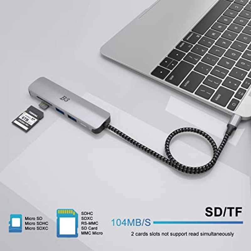 MacBook Air Pro용 USB C 허브 HDMI 어댑터, 50cm 케이블이 포함된 6 in 1 4K 동글 멀티포트 변환기, USB 3.0 5Gbps 데이터 전송, 55W PD, SD/TF 카드 슬롯, Mac M1 M2 PC 노트북용 디지털 AV 커넥터