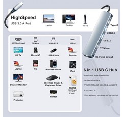 MacBook Air Pro용 USB C 허브 HDMI 어댑터, 50cm 케이블이 포함된 6 in 1 4K 동글 멀티포트 변환기, USB 3.0 5Gbps 데이터 전송, 55W PD, SD/TF 카드 슬롯, Mac M1 M2 PC 노트북용 디지털 AV 커넥터