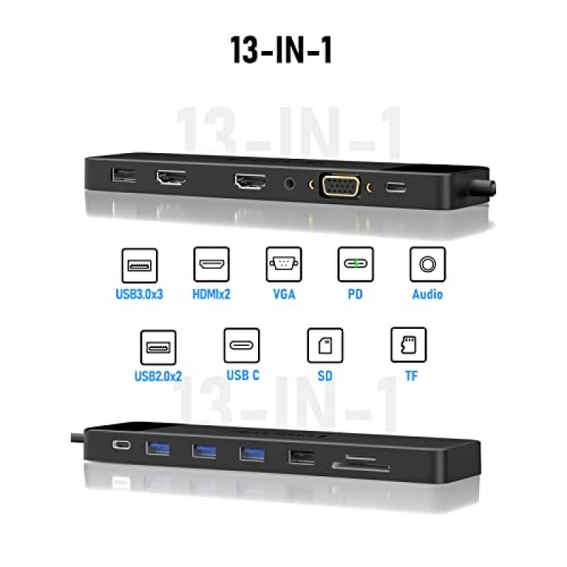 Lemorele 13 in 1 USB C 도킹 스테이션 트리플 모니터(듀얼 HDMI 4K, VGA, 5 USB 3.0/2.0, USB C 3.0, 100W PD, SD/TF, 3.5mm 오디오, Lenovo, Surface, Dell용 USB C Dock 멀티포트 어댑터 포함) , HP 노트북