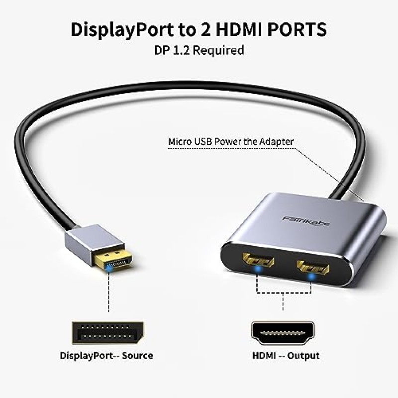 페어리카베 디스플레이포트-듀얼 HDMI 어댑터, 듀얼 모니터용 4K 디스플레이 포트 분배기, 컴퓨터 노트북 그래픽 카드용 DP 1.2-2X HDMI 어댑터, Windows용 MST 확장 디스플레이