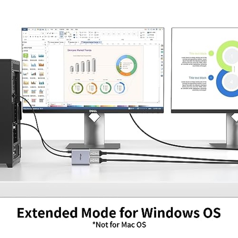페어리카베 디스플레이포트-듀얼 HDMI 어댑터, 듀얼 모니터용 4K 디스플레이 포트 분배기, 컴퓨터 노트북 그래픽 카드용 DP 1.2-2X HDMI 어댑터, Windows용 MST 확장 디스플레이