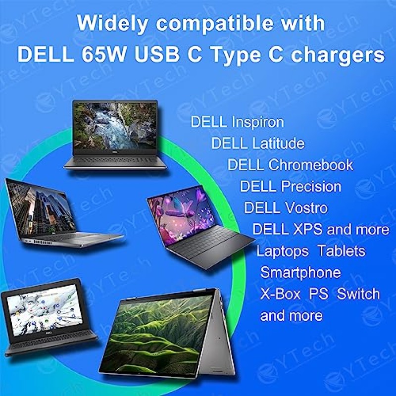 XPS 12 13,Chromebook 11 14,Latitude 3000 5000,LA65NM190,HA65NM190,DA65NM190,65W 45W Dell 노트북 충전기와 호환되는 Dell XPS 및 Latitude 시리즈용 새 5세대 G 슬림 USB-C 65W 견고한 AC 어댑터