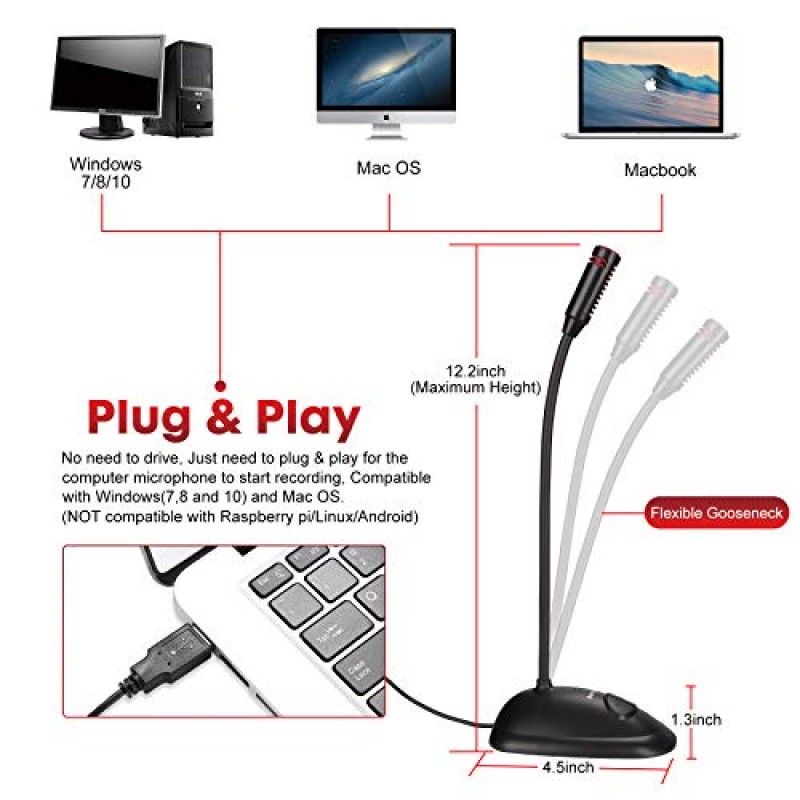 USB 컴퓨터 마이크, 플러그 앤 플레이 카디오이드 콘덴서 PC 노트북 마이크, LED 표시기가 있는 켜기/끄기 및 음소거 버튼, Windows/Mac과 호환, YouTube, 줌, 녹음, 게임에 적합(6피트)