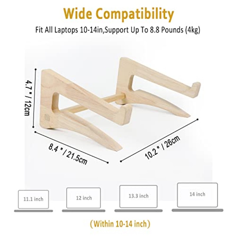 책상용 HSYP 목재 노트북 스탠드, MacBook 스탠드 견고한 노트북 라이저, 통풍이 잘되는 인체공학적 알루미늄 노트북 홀더 12 13 15.6 17 인치와 호환 가능