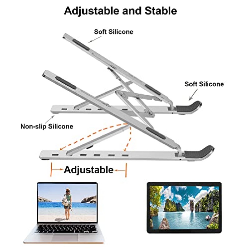 노트북 휴대용 모니터 태블릿(10-17인치)용 Lasitu 접이식 및 조절 가능한 스탠드 데스크 라이저 노트북 홀더 스탠드, 실버용 크리에이 티브 알루미늄 합금 노트북 스탠드