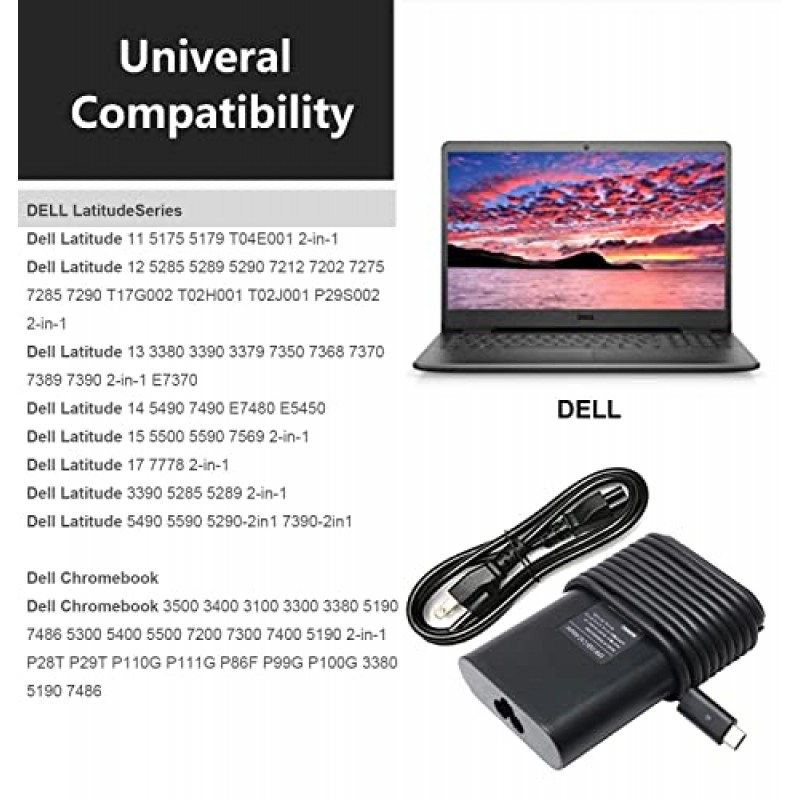 65W 45W 델 랩톱 충전기 USB C Dell 위도 용 5420 5520 5320 7420 7430 7400 7370 7390 7275 7285, XPS 13 7390 9350 9380 9370 9360 9310 9365 9300 9550 USB C 랩탑 Charger