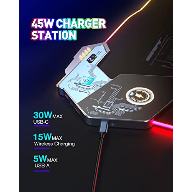 게임용 마우스 패드, USB C 충전기가 포함된 45W 무선 ​​충전 스테이션, 대형 RGB 마우스 패드 게임용 데스크 액세서리, 무선 충전 데스크 매트