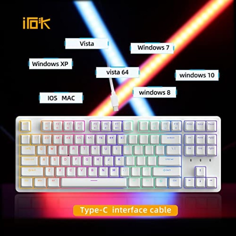 IROK FE87/104 RGB 기계식 키보드, 핫스왑 가능한 게임용 키보드, 맞춤형 백라이트, 자석 상단 커버 Type-C Mac용 유선 키보드 Windows-흰색/갈색 스위치