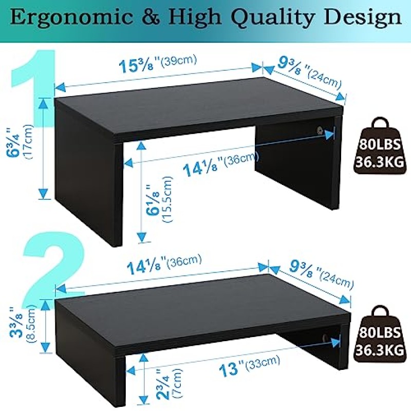 TEAMIX 2 팩 블랙 모니터 스탠드 라이저, 목재 2 단 조정 가능한 모니터 스탠드 2 모니터/노트북/PC 컴퓨터 스탠드 데스크탑 공간 보호기 용 듀얼 모니터 라이저