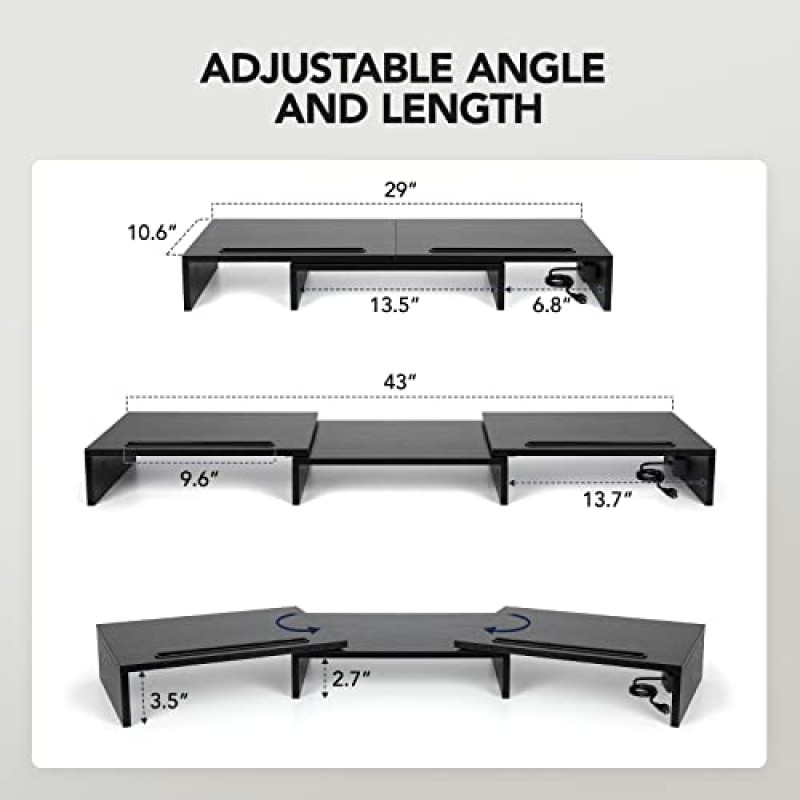 HUANUO 듀얼 모니터 스탠드 - USB 포트가 있는 모니터 스탠드, 길이 및 각도 조절 가능, 데스크탑 소켓이 있는 듀얼 모니터 라이저, PC, 컴퓨터, 노트북용 모니터 스탠드 라이저(검은색)