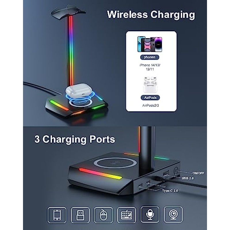 무선 충전 기능과 USB-C 2개, USB 충전 포트 1개를 갖춘 새로운 bee RGB 헤드폰 스탠드, 7가지 조명 모드를 갖춘 데스크 게임용 헤드셋 홀더, 모든 이어폰 액세서리에 적합한 미끄럼 방지 고무 베이스