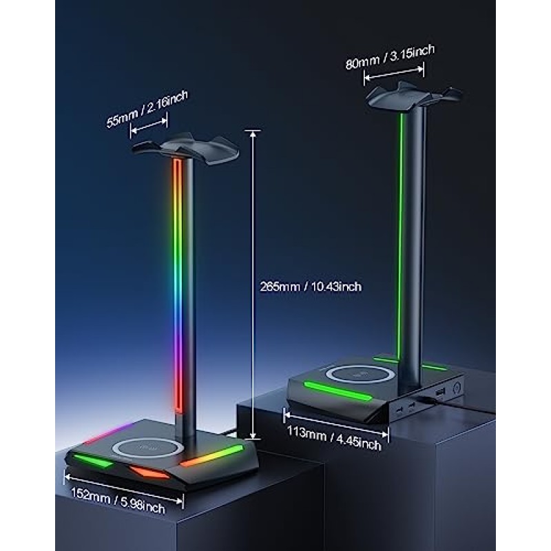 무선 충전 기능과 USB-C 2개, USB 충전 포트 1개를 갖춘 새로운 bee RGB 헤드폰 스탠드, 7가지 조명 모드를 갖춘 데스크 게임용 헤드셋 홀더, 모든 이어폰 액세서리에 적합한 미끄럼 방지 고무 베이스