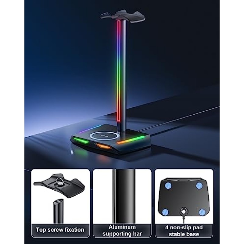 무선 충전 기능과 USB-C 2개, USB 충전 포트 1개를 갖춘 새로운 bee RGB 헤드폰 스탠드, 7가지 조명 모드를 갖춘 데스크 게임용 헤드셋 홀더, 모든 이어폰 액세서리에 적합한 미끄럼 방지 고무 베이스