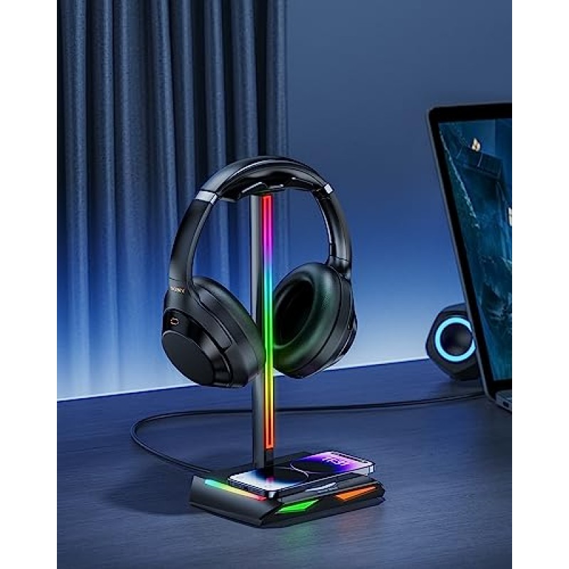 무선 충전 기능과 USB-C 2개, USB 충전 포트 1개를 갖춘 새로운 bee RGB 헤드폰 스탠드, 7가지 조명 모드를 갖춘 데스크 게임용 헤드셋 홀더, 모든 이어폰 액세서리에 적합한 미끄럼 방지 고무 베이스