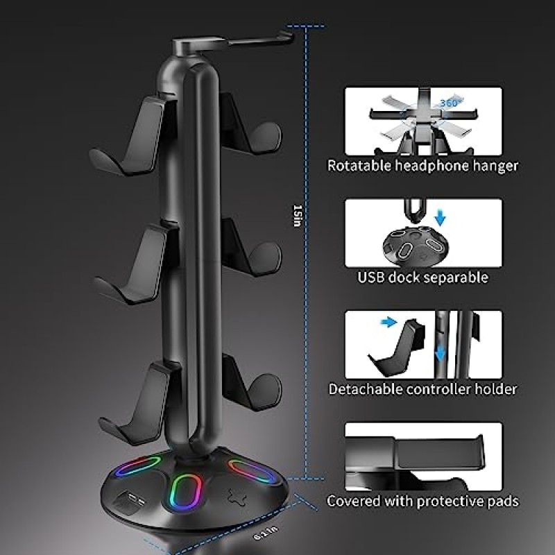 게임용 RGB 헤드폰 스탠드, 9가지 조명 모드가 있는 Canmarin 컨트롤러 홀더 - USB 충전 포트 2개, 3.5mm 및 Type-C가 있는 헤드셋 스탠드 - 책상 및 게이머용 컨트롤러 스탠드 걸이 액세서리(검은색) A