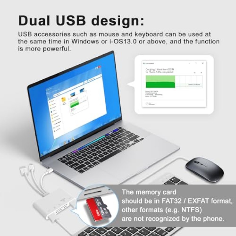 5-in-1 메모리 카드 리더기, iPhone/iPad용 USB OTG 어댑터 및 SD 카드 리더기, 마이크로 SD 및 SD 카드 슬롯이 있는 USB C 및 USB A 장치, SD/마이크로 SD/SDHC/SDXC/MMC 지원