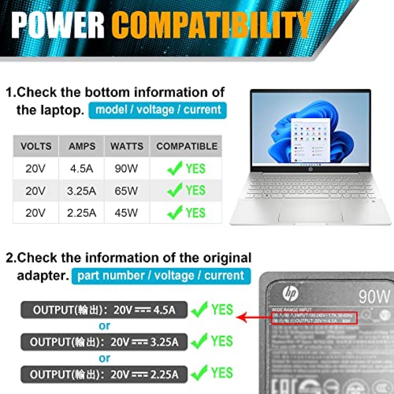 90W 65W Hp USB C 노트북 충전기-HP-Spectre-x360-EliteBook TPN-DA08 904082-003 904144-850 ADP-90FE L45440-003 2LN85AA#ABA 2LN85AA 1040 G4 USB-C 유형 C 컴퓨터 AC 어댑터 전원 코드