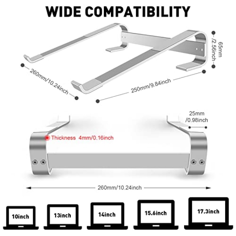 Welan 노트북 스탠드, MacBook Pro 책상용 스탠드, 알루미늄 노트북 라이저 견고한 냉각 노트북 홀더 MacBook Air와 호환되는 안정적인 컴퓨터 스탠드 노트북 마운트 Dell XPS HP Lenovo 10-18 인치 실버