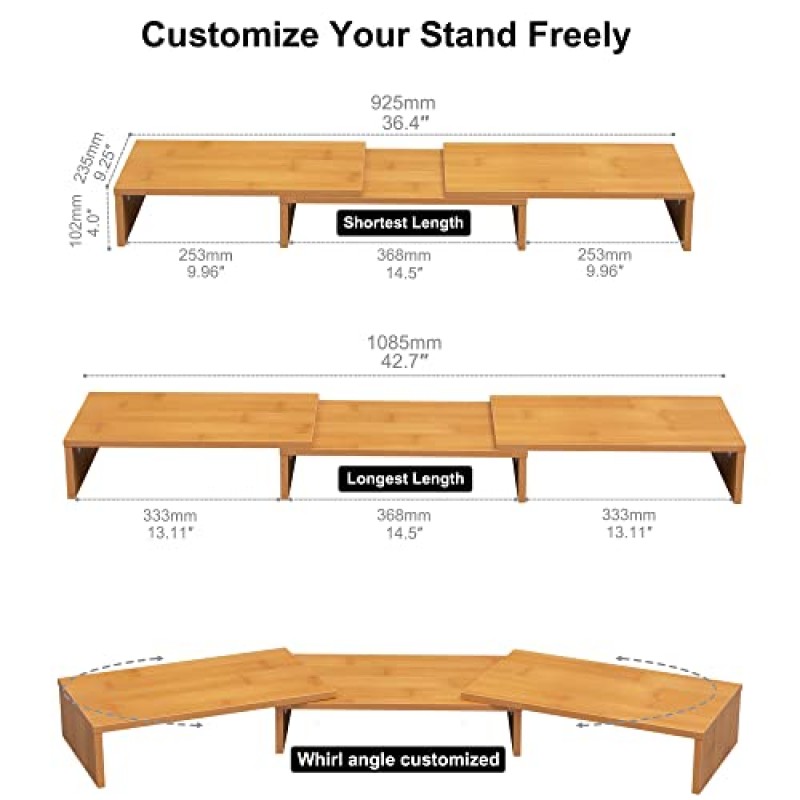 FITUEYES 듀얼 모니터 스탠드 – 3단 컴퓨터 모니터 라이저, 길이와 각도 조절이 가능한 목재 데스크탑 스탠드, 책상 액세서리, 사무용품 중간 대나무, DT08007BY