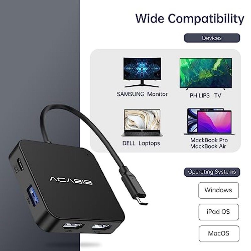 ACASIS USB C 허브 듀얼 HDMI, USB C - 듀얼 HDMI 어댑터, 100W PD 충전, 5Gbps USB C 및 USB A 데이터 포트, MacBook/Dell/HP/Surface/Lenovo/Steam Deck용 USB C 도킹 스테이션 듀얼 모니터 어댑터