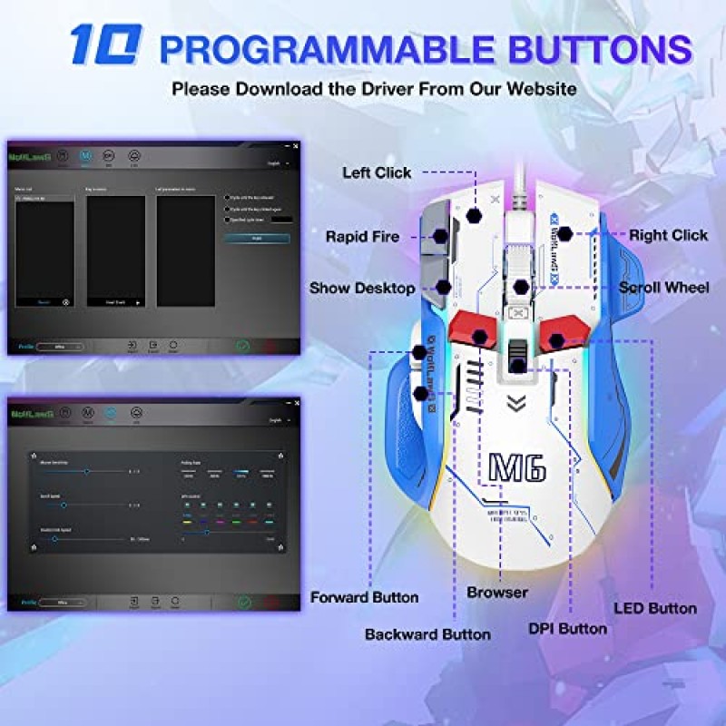 WolfLawS 게임용 마우스, 유선 마우스 12개의 RGB 백라이트, 고정밀 12800 DPI 조절 가능, 10개의 프로그래밍 가능 버튼, Windows 노트북 Mac용 인체공학적 컴퓨터 USB 게이머 마우스를 갖춘 PC 게임용 마우스