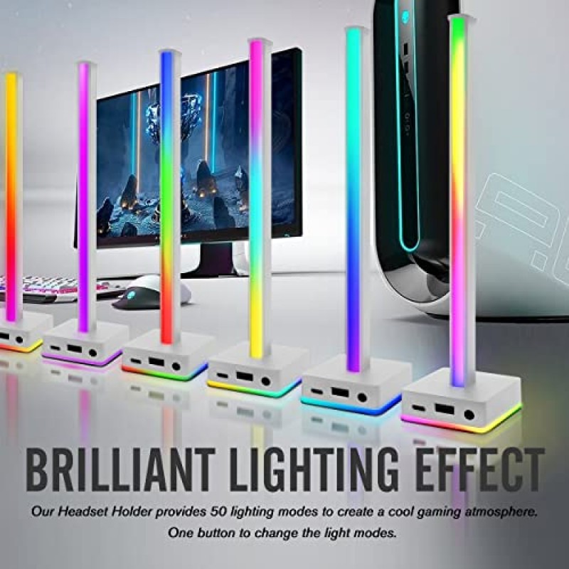 EZDIY-FAB USB LED 라이트 바 헤드폰 스탠드, 데스크탑 분위기 RGB 백라이트, 50가지 내장 색상 모드, 게이머용 헤드폰 홀더 게이밍 PC PS5 액세서리 데스크- 화이트- 1 팩