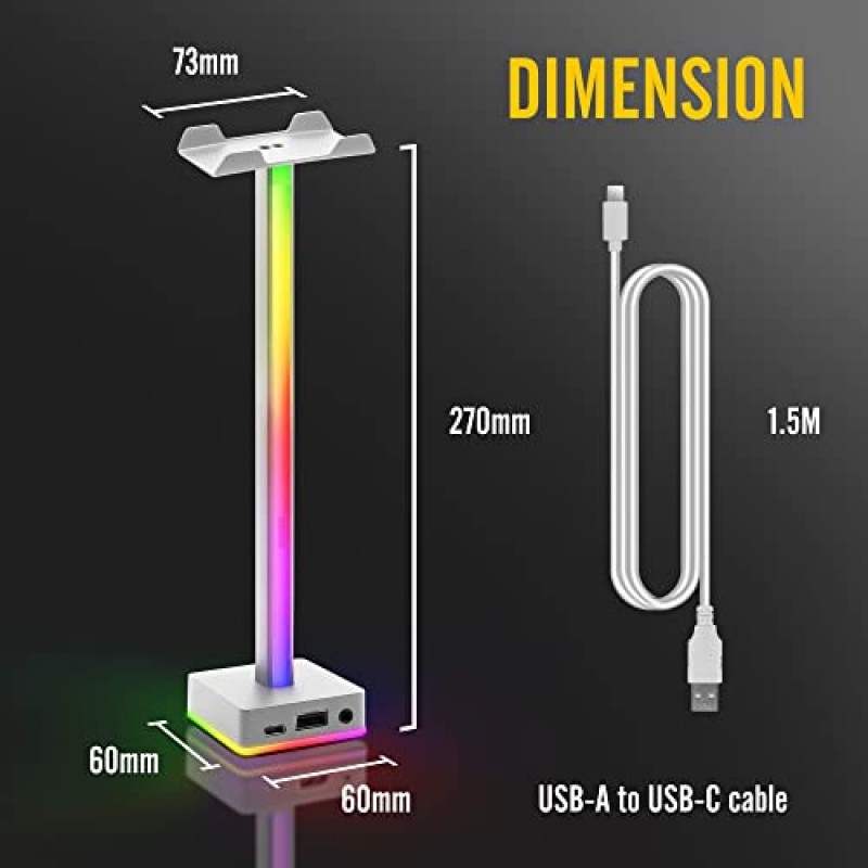 EZDIY-FAB USB LED 라이트 바 헤드폰 스탠드, 데스크탑 분위기 RGB 백라이트, 50가지 내장 색상 모드, 게이머용 헤드폰 홀더 게이밍 PC PS5 액세서리 데스크- 화이트- 1 팩