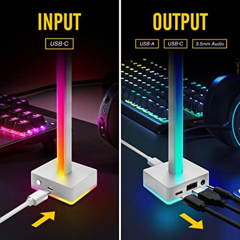 EZDIY-FAB USB LED 라이트 바 헤드폰 스탠드, 데스크탑 분위기 RGB 백라이트, 50가지 내장 색상 모드, 게이머용 헤드폰 홀더 게이밍 PC PS5 액세서리 데스크- 화이트- 1 팩