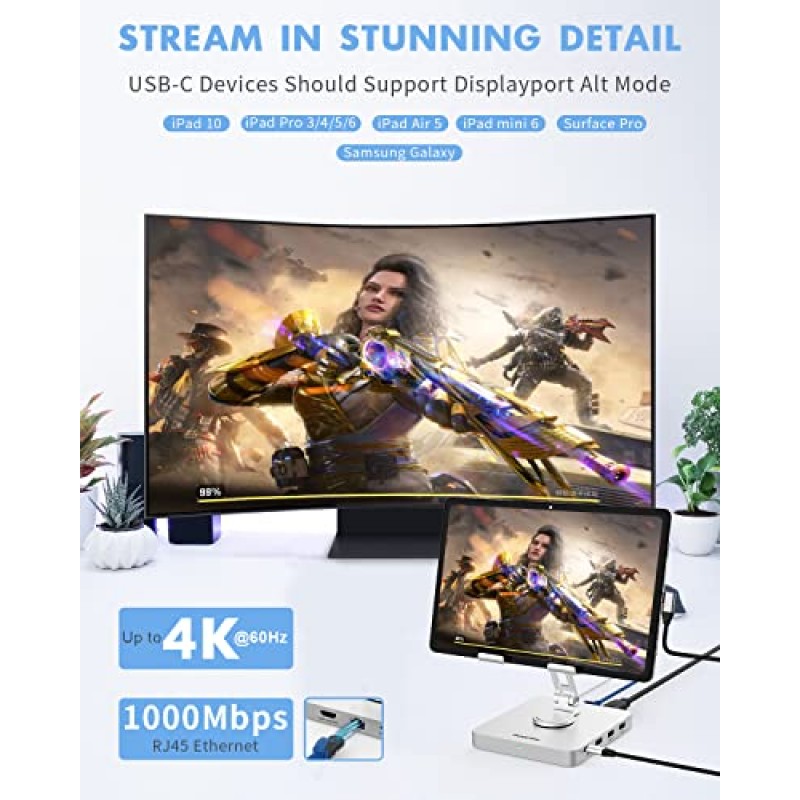 USB C 허브 스탠드 - iPad Pro용 HDMI 4K 60Hz 1000M 이더넷 Nintendo 스위치 스팀 데크 태블릿 도킹 스테이션, 11-in-1 어댑터, 100W PD, USB-C 및 2개의 USB-A 5Gbps 데이터 포트, 데스크 노트북용 휴대폰 홀더