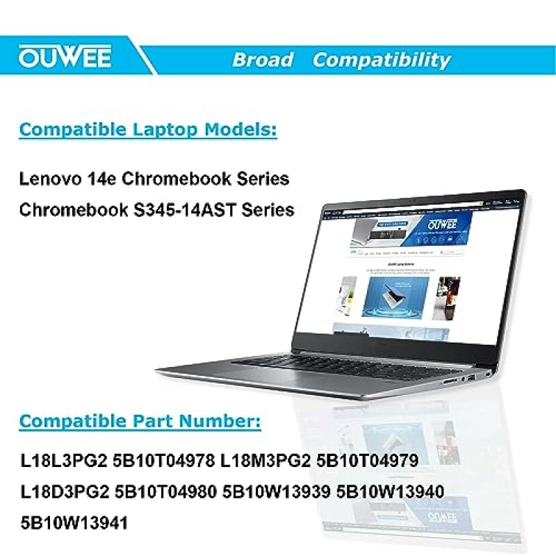 OUWEE L18M3PG2 노트북 배터리 Lenovo 14E Chromebook S345-14AST 시리즈 L18L3PG2 5B10T04978 5B10T04979 L18D3PG2 5B10T04980 5B10W13939 5B10W13940 5B10W13941 11.52V 57Wh(긴 케이블)