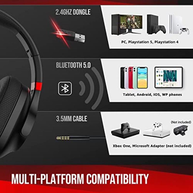 PC, PS5, PS4용 Picun 2.4Ghz/Bluetooth 무선 게임용 헤드셋, 접이식 소음 제거 마이크가 장착된 Bluetooth 헤드폰, 휴대폰, 노트북, 컴퓨터용 소프트 메모리 폼 오버이어 헤드셋