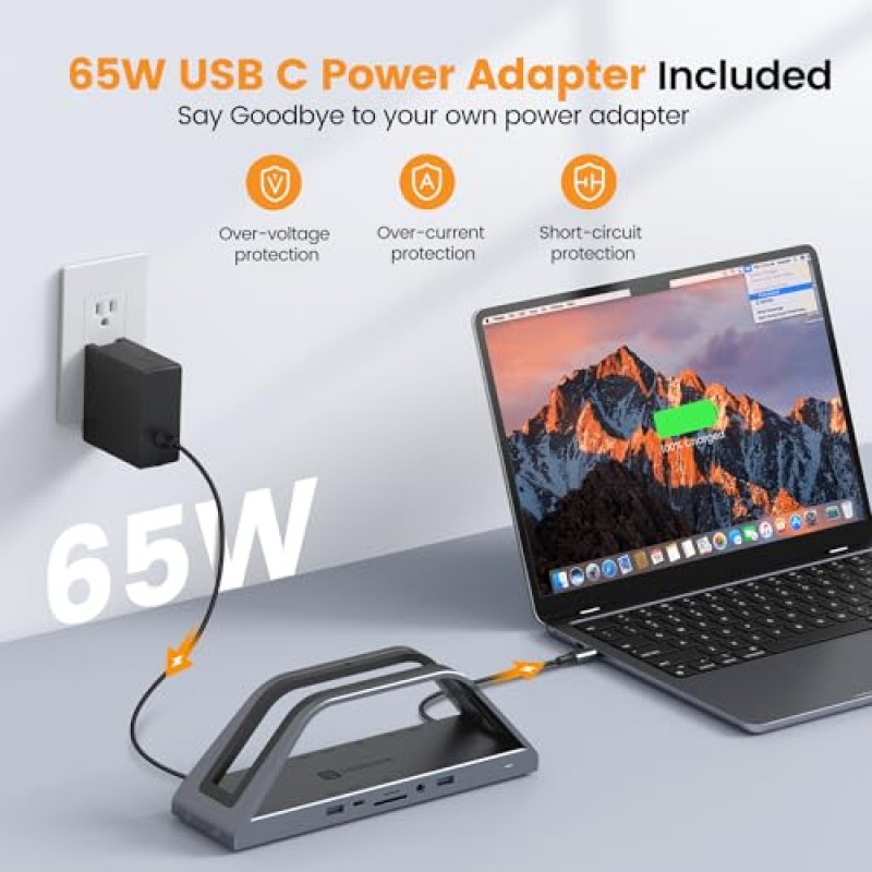 USB C 도킹 스테이션 MacBook M1/M2/Windows용 듀얼 4K 모니터, TOBENONE 트리플 디스플레이 노트북 도킹 스테이션 스탠드, 듀얼 4K HDMI가 포함된 범용 USB C 도킹 스테이션, 전원 어댑터, VGA, 6 USB, RJ45, SD