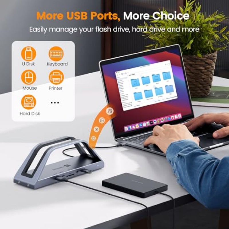 USB C 도킹 스테이션 MacBook M1/M2/Windows용 듀얼 4K 모니터, TOBENONE 트리플 디스플레이 노트북 도킹 스테이션 스탠드, 듀얼 4K HDMI가 포함된 범용 USB C 도킹 스테이션, 전원 어댑터, VGA, 6 USB, RJ45, SD