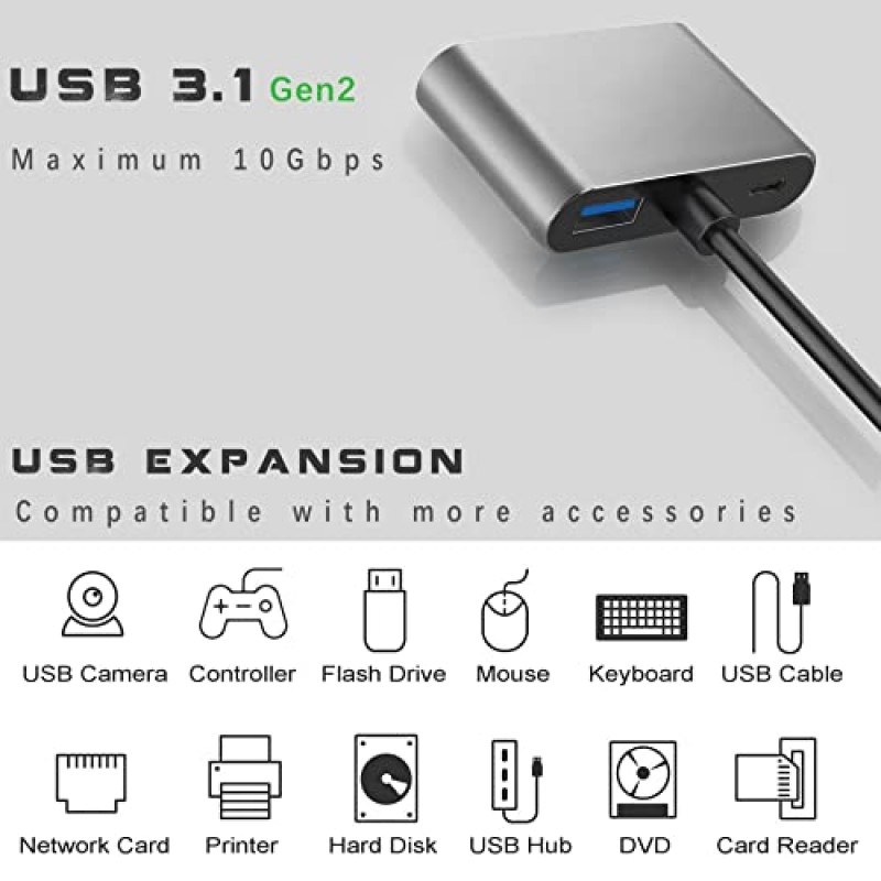 모니터용 USB C-HDMI VGA 어댑터, USBC 노트북 도킹 스테이션 듀얼 모니터 동글 MacBook, USB-C 허브 전원 공급 Mac, 고속 충전이 가능한 USB 3.0-USB C 어댑터 케이블 Chromebook, Type C Dock