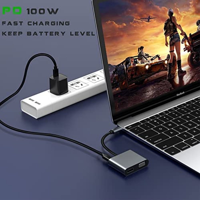 모니터용 USB C-HDMI VGA 어댑터, USBC 노트북 도킹 스테이션 듀얼 모니터 동글 MacBook, USB-C 허브 전원 공급 Mac, 고속 충전이 가능한 USB 3.0-USB C 어댑터 케이블 Chromebook, Type C Dock