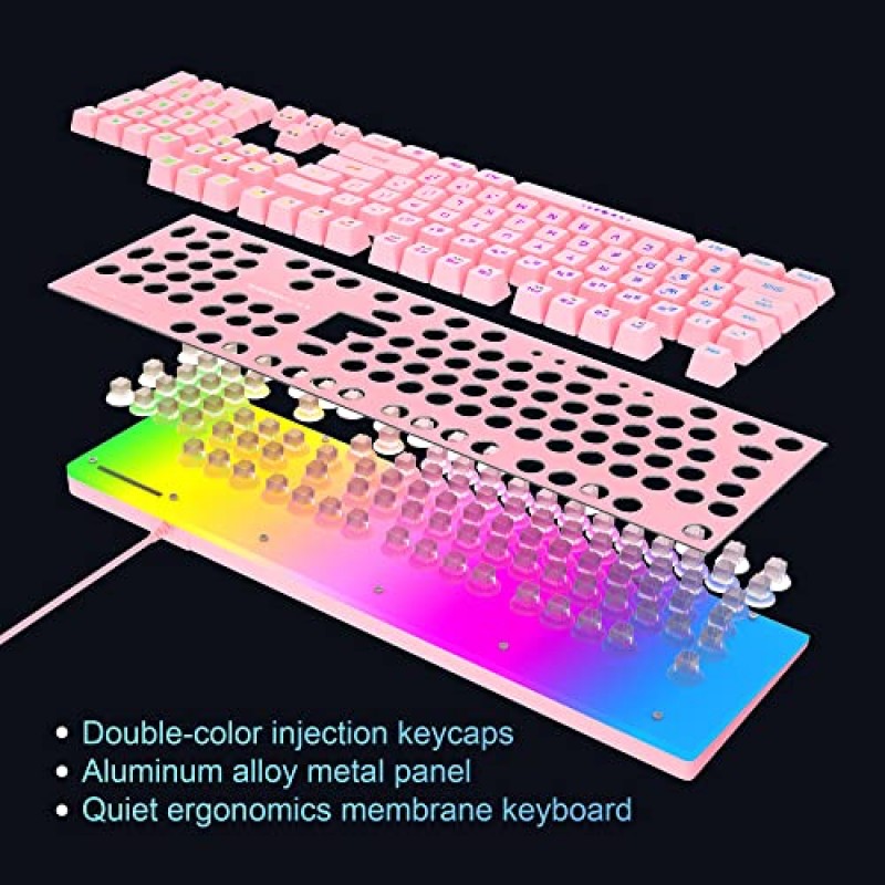 MageGee 게이밍 키보드 및 마우스 콤보, 진정한 RGB 백라이트 멤브레인 오피스 키보드, 104키 Windows 노트북 PC용 금속 패널 USB 조용한 유선 키보드 - 핑크