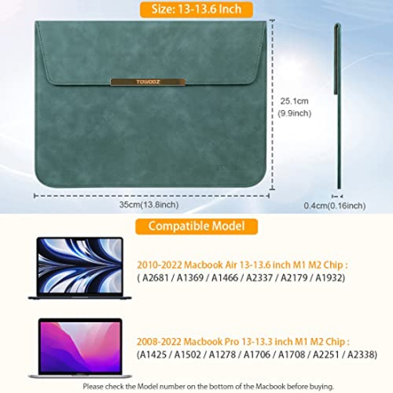 2022년 신형 M2 MacBook Air 13.6인치 A2681 / MacBook Pro 13-13.3인치/ MacBook Air 13-13.6인치 M1 M2 칩과 호환되는 TOWOOZ 슬리브, 액세서리 파우치가 포함된 노트북 슬리브 케이스