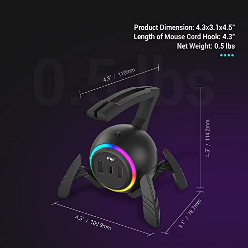 KIWIFOTOS 마우스 번지, 게임용 마우스 코드 홀더 컨트롤러, [업그레이드된 유연한 케이블 관리][13개의 RGB LED 조명][2포트 USB 허브 및 1개의 Type-C], 스파이더 마우스 와이어 홀더 액세서리 - 블랙