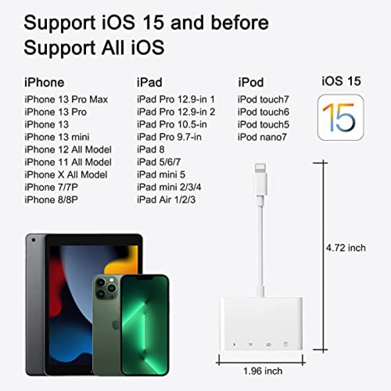 [Apple MFi 인증] iPhone iPad용 Lightning-SD 카드 리더기, 4 in 1 Lightning Male-USB Female OTG 어댑터 호환 SD/TF 카드, 메모리 카드 리더기 충전 포트가 있는 휴대용 USB 3.0 어댑터