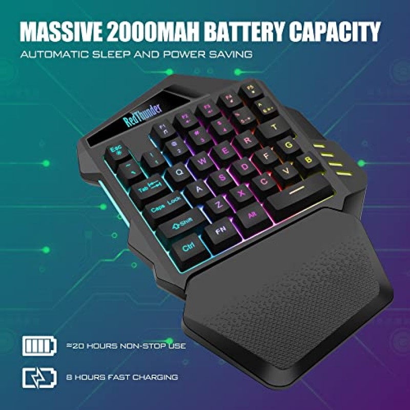 RedThunder 무선 한 손 게임 키보드, 2.4Ghz RGB 백라이트 미니 게임 키패드, PC 게이머용 충전식 2000mAh 배터리