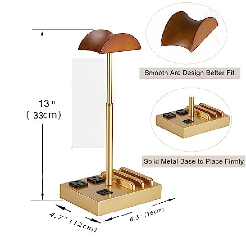 CASTLELIFE 헤드폰 스탠드 AC 콘센트 2개와 USB C&A 포트가 있는 데스크탑 게임용 헤드셋 홀더, 충전 스테이션 및 휴대폰 스탠드, 데스크탑 게이머용 목재 이어폰 테이블 게임 액세서리, 골드