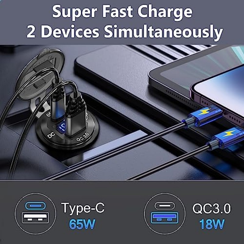 83W 12V USB 전원 콘센트, Qidoe 알루미늄 65W PD USB-C 노트북 충전기 소켓 및 디지털 전압계 버튼 스위치가 있는 18W QC3.0 차량용 USB 포트 자동차 RV 해양 보트 모토용 스마트 부스팅 12V USB 콘센트