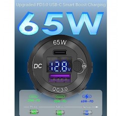 83W 12V USB 전원 콘센트, Qidoe 알루미늄 65W PD USB-C 노트북 충전기 소켓 및 디지털 전압계 버튼 스위치가 있는 18W QC3.0 차량용 USB 포트 자동차 RV 해양 보트 모토용 스마트 부스팅 12V USB 콘센트