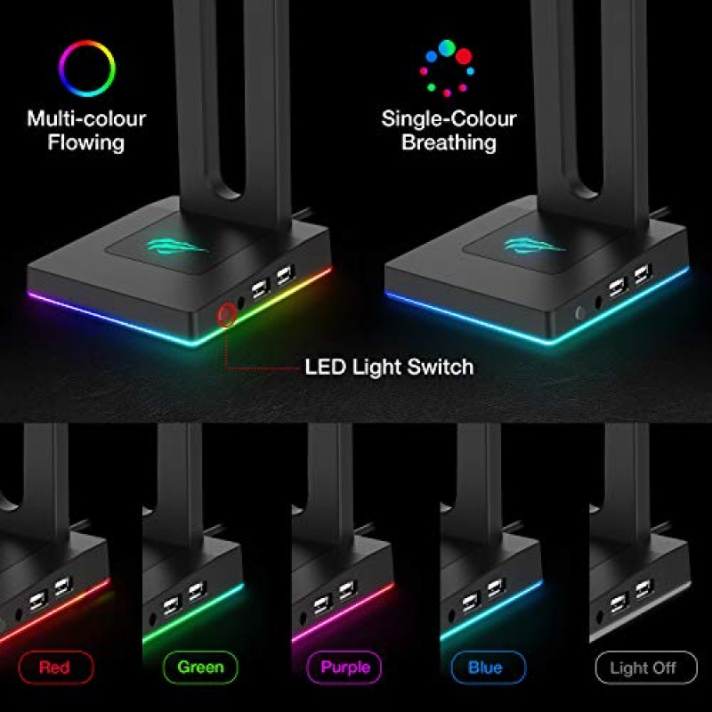 3.5mm AUX 및 2개의 USB 포트가 있는 Havit RGB 헤드폰 스탠드, 게이머 게이밍 PC 액세서리용 헤드폰 홀더