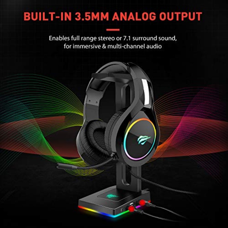 3.5mm AUX 및 2개의 USB 포트가 있는 Havit RGB 헤드폰 스탠드, 게이머 게이밍 PC 액세서리용 헤드폰 홀더