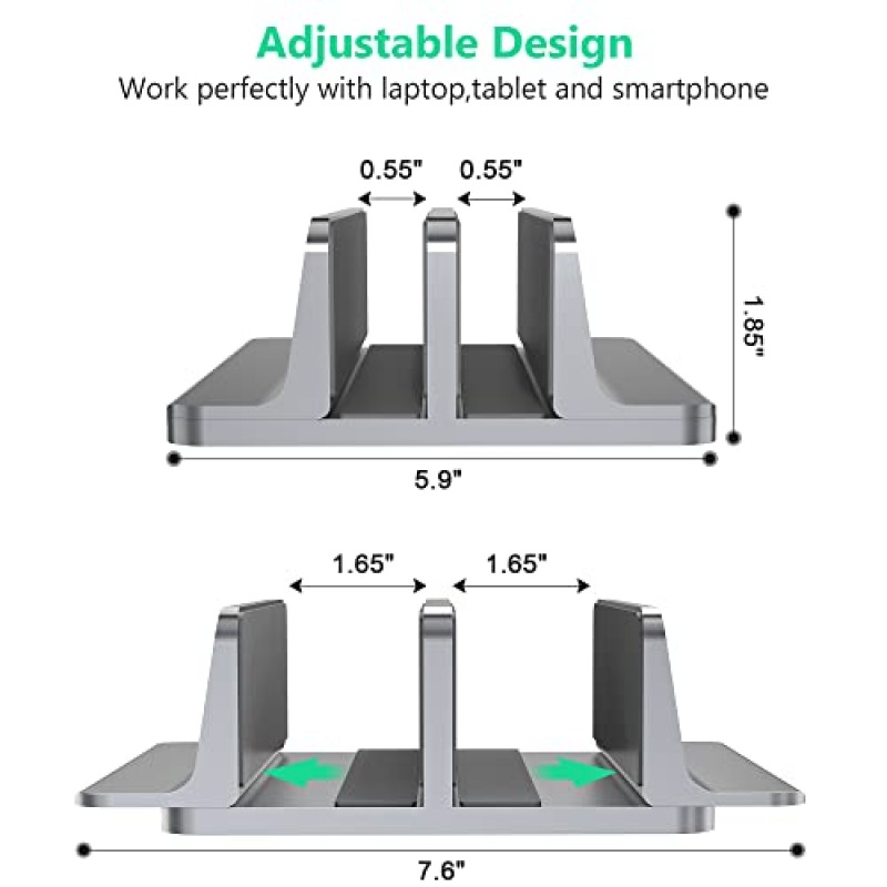 S SKSTYLE 세로형 노트북 스탠드 홀더, 조절 가능한 도크 크기(슬롯 2개)가 있는 데스크탑 알루미늄 MacBook 스탠드, 모든 MacBook, Surface, Chromebook 및 게임용 노트북(최대 17.3인치)에 적합, 회색